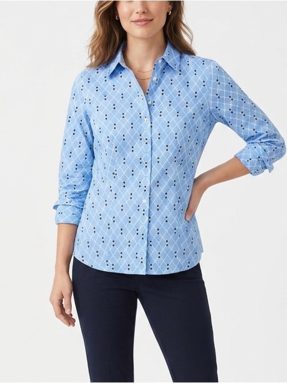 NEW WITH TAGS Talbots Blue Geometric Print Button-Up Shirt - Women's